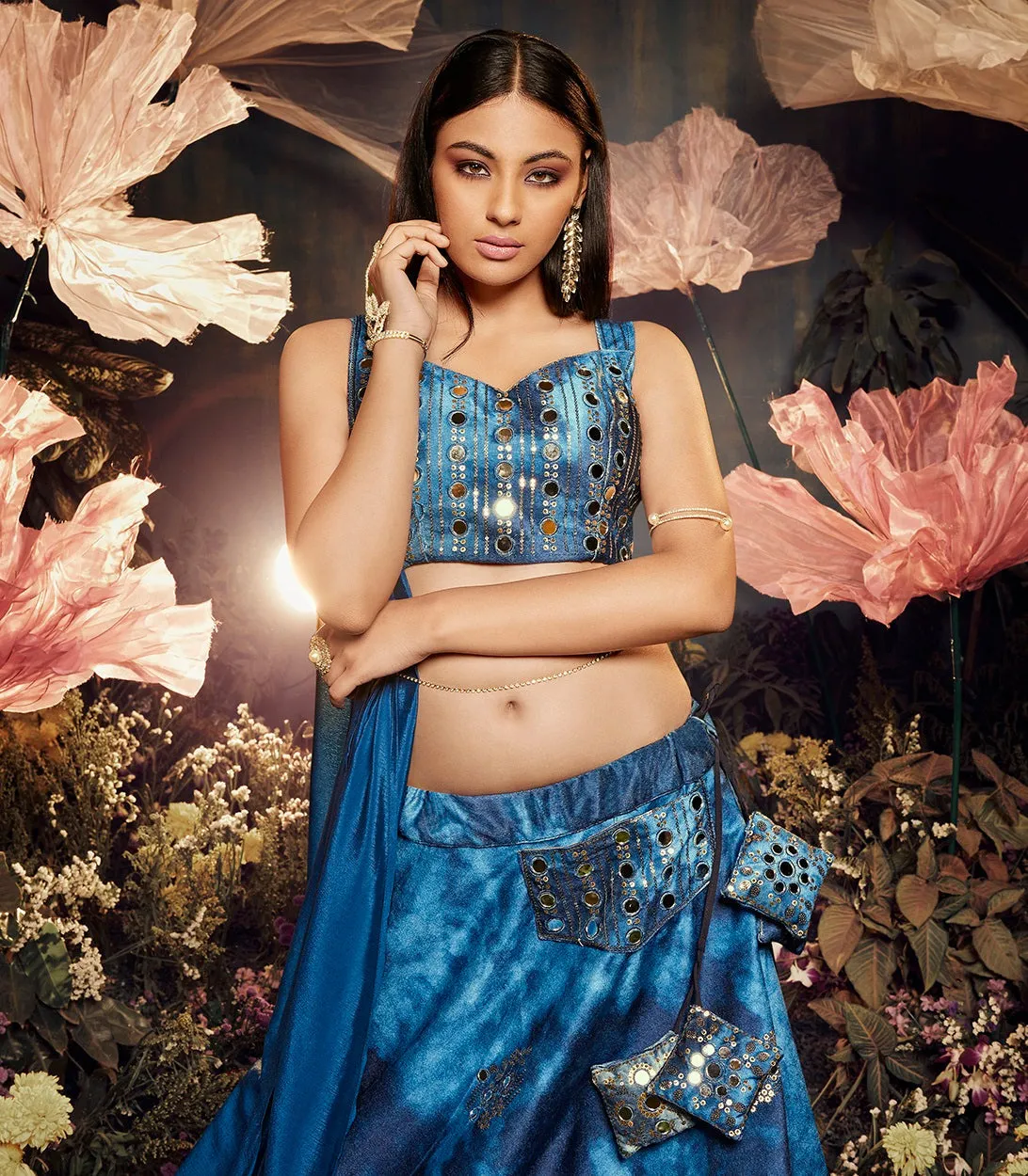 Opulent Blue Color Shibori Print Mirror Work Lehenga Choli