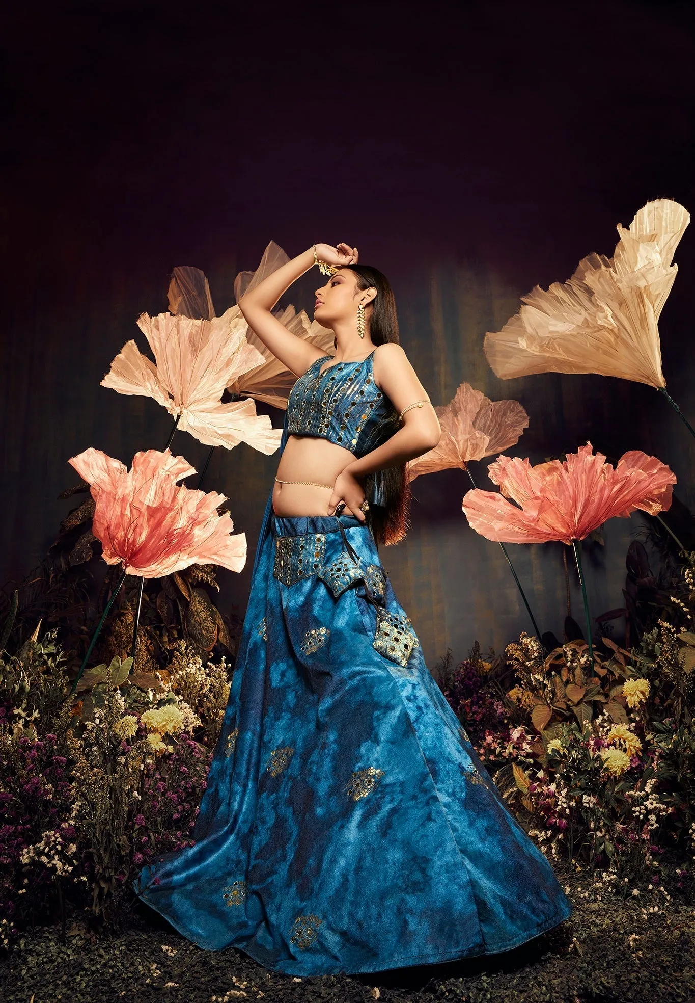 Opulent Blue Color Shibori Print Mirror Work Lehenga Choli