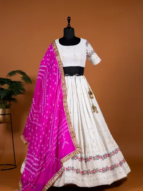 Pink Color Lucknowi Embroidery Work Georgette Lehenga Set With Bandhej Silk Dupatta