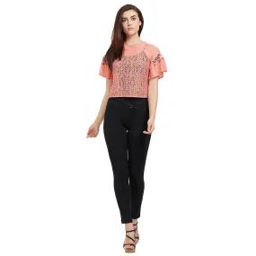 Pink Self Design Top With Embroidery On Sleeves