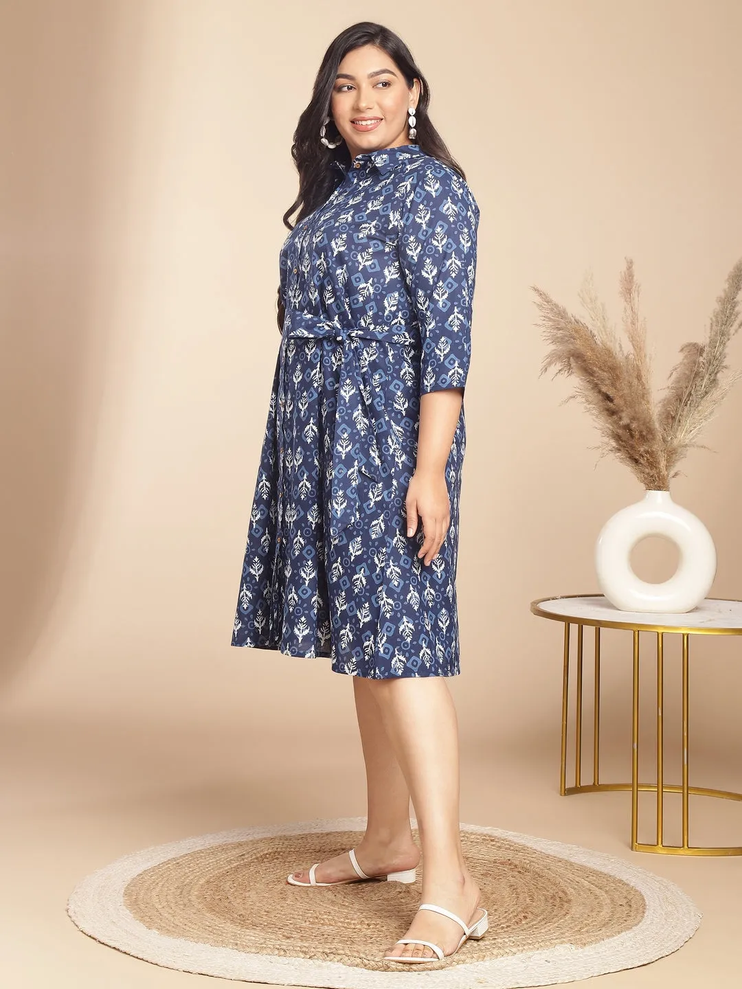 Plus Size Indigo Cotton Ethnic Motifs Button Down Shirt Style Dress