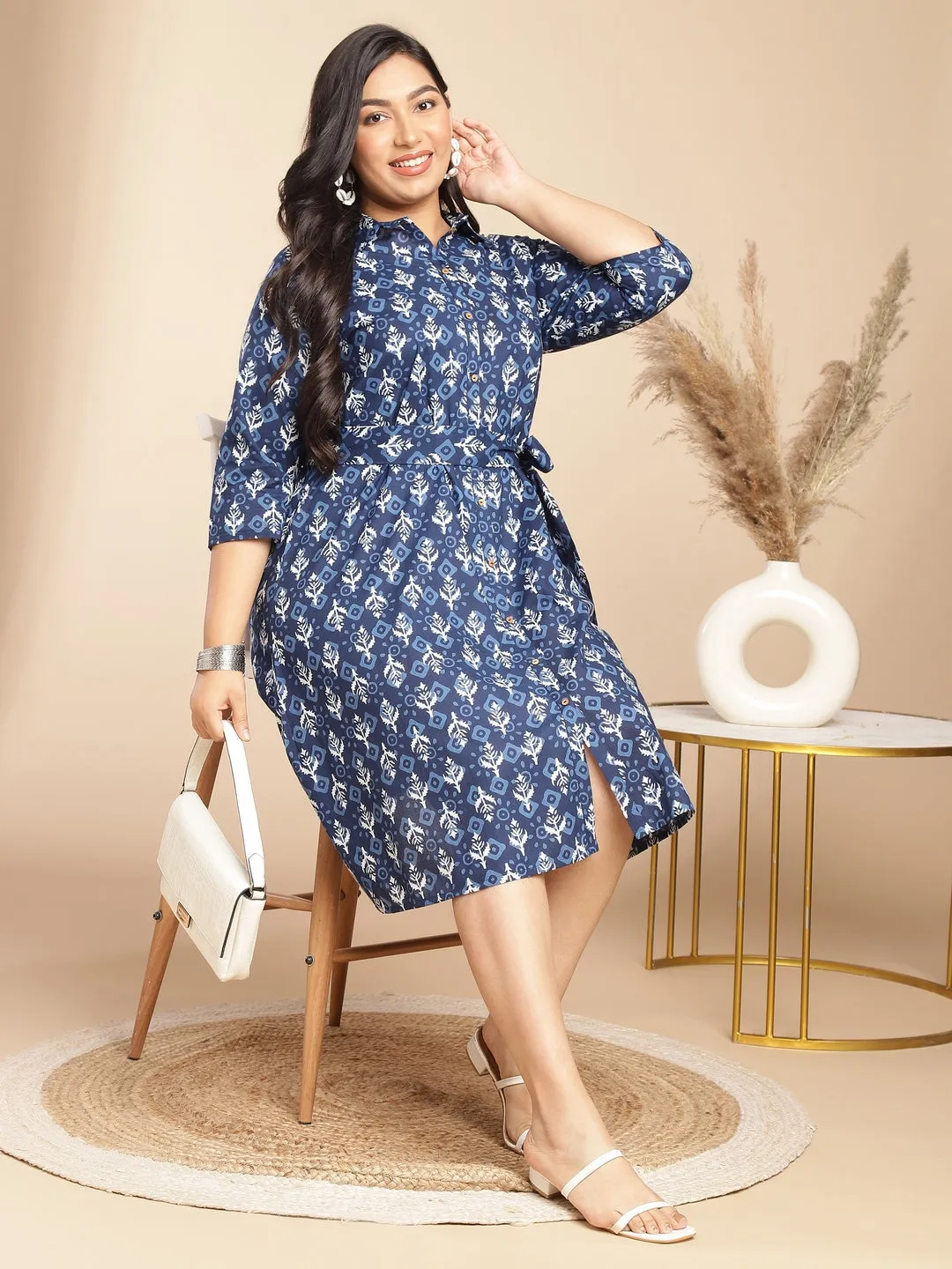Plus Size Indigo Cotton Ethnic Motifs Button Down Shirt Style Dress
