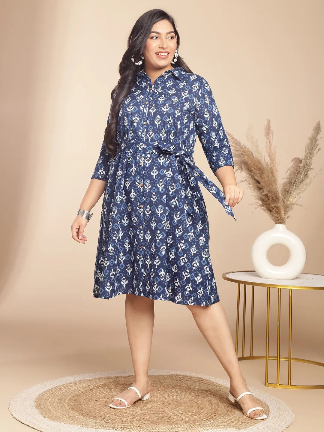 Plus Size Indigo Cotton Ethnic Motifs Button Down Shirt Style Dress