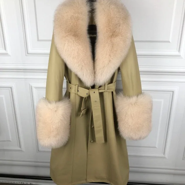 Plus Size  Real Fox Fur Collar Genuine Leather Trench Coat