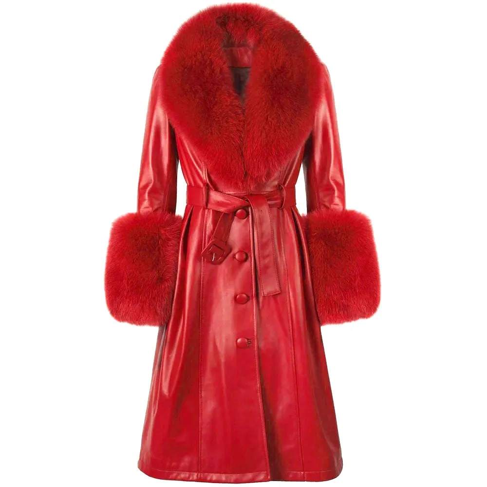Plus Size  Real Fox Fur Collar Genuine Leather Trench Coat