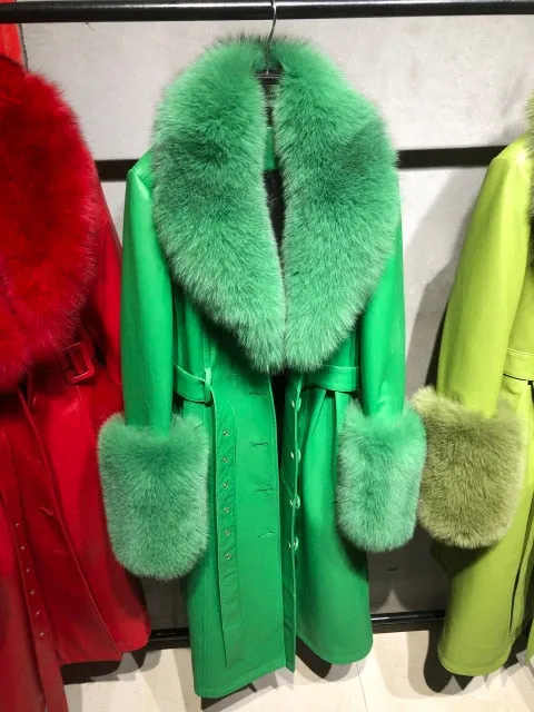 Plus Size  Real Fox Fur Collar Genuine Leather Trench Coat
