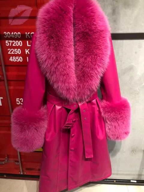 Plus Size  Real Fox Fur Collar Genuine Leather Trench Coat