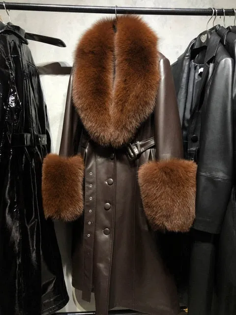 Plus Size  Real Fox Fur Collar Genuine Leather Trench Coat