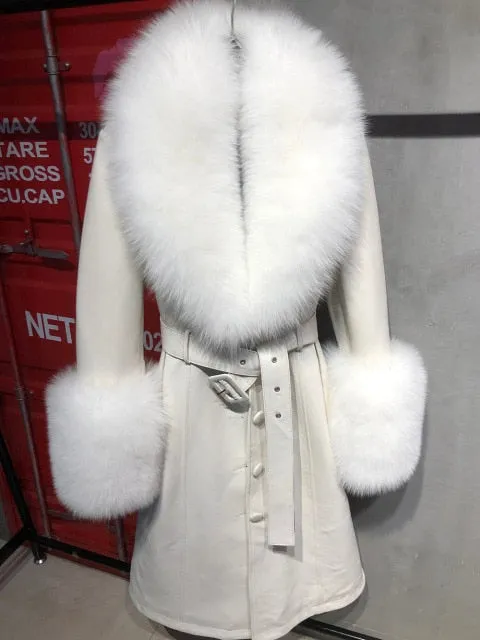 Plus Size  Real Fox Fur Collar Genuine Leather Trench Coat