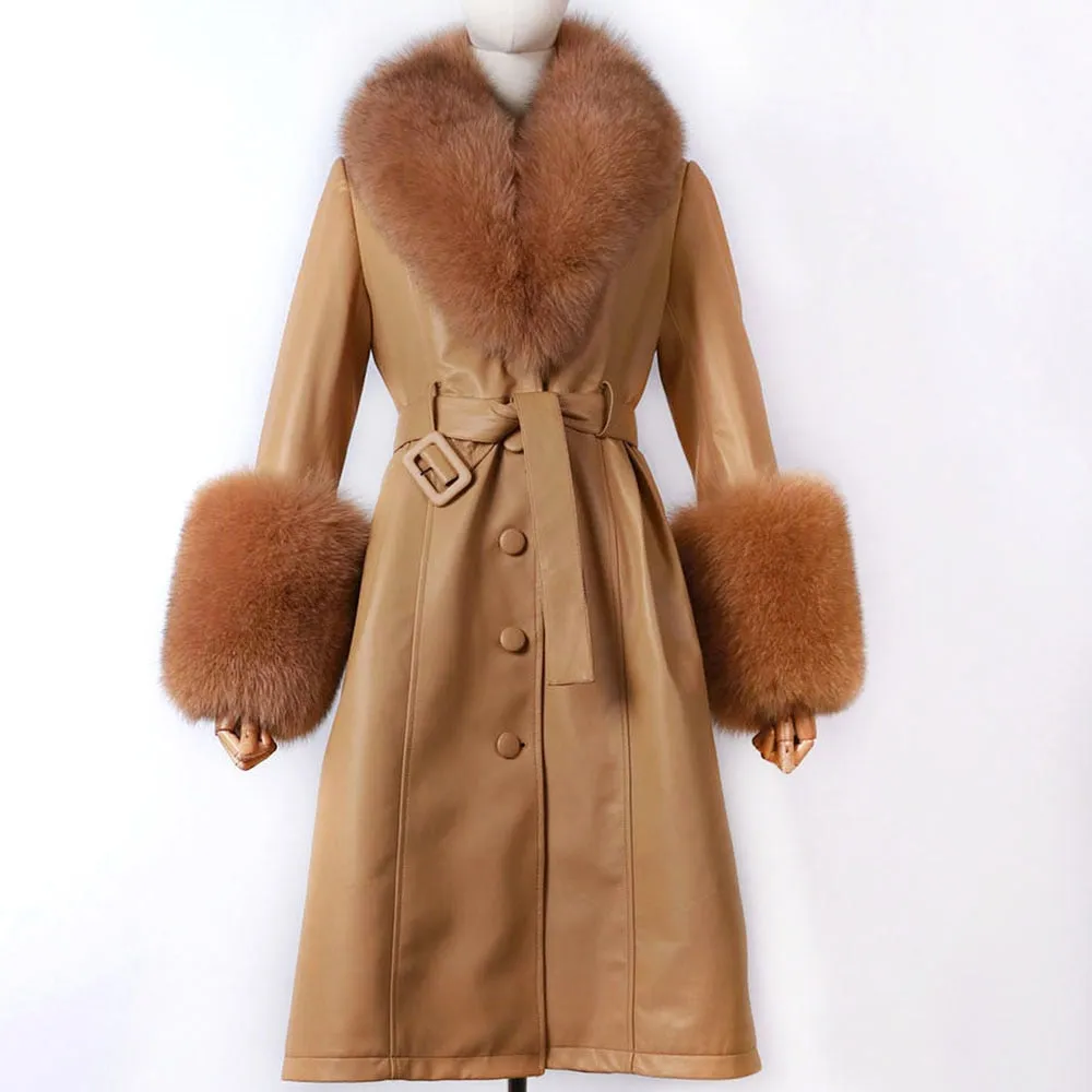 Plus Size  Real Fox Fur Collar Genuine Leather Trench Coat