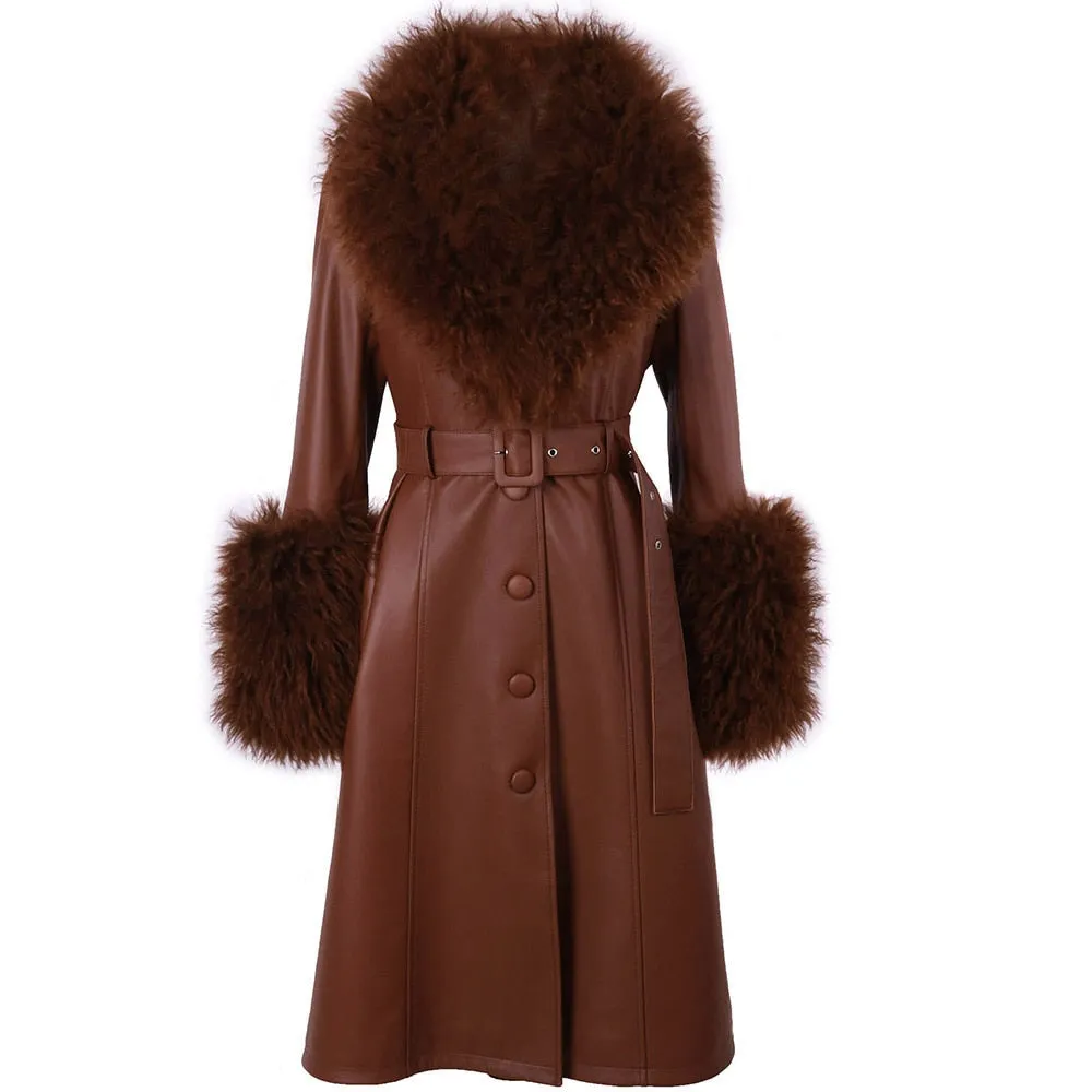 Plus Size  Real Fox Fur Collar Genuine Leather Trench Coat