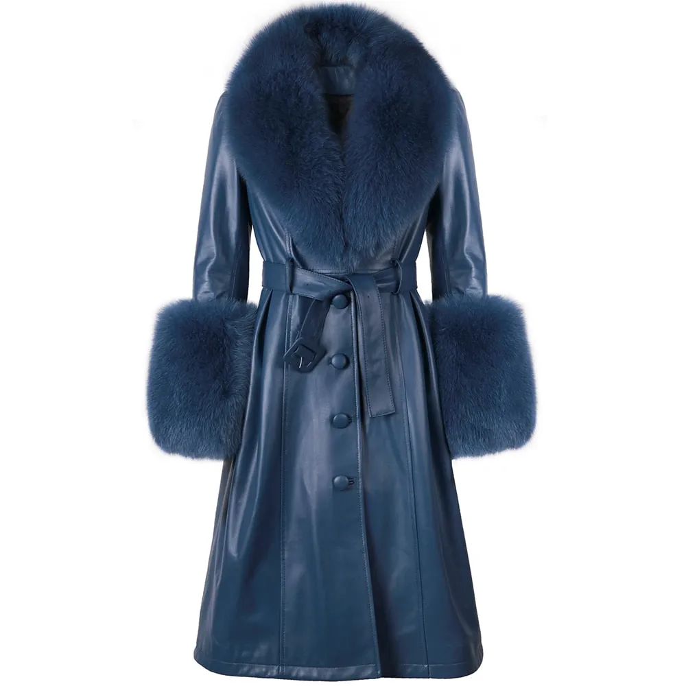 Plus Size  Real Fox Fur Collar Genuine Leather Trench Coat