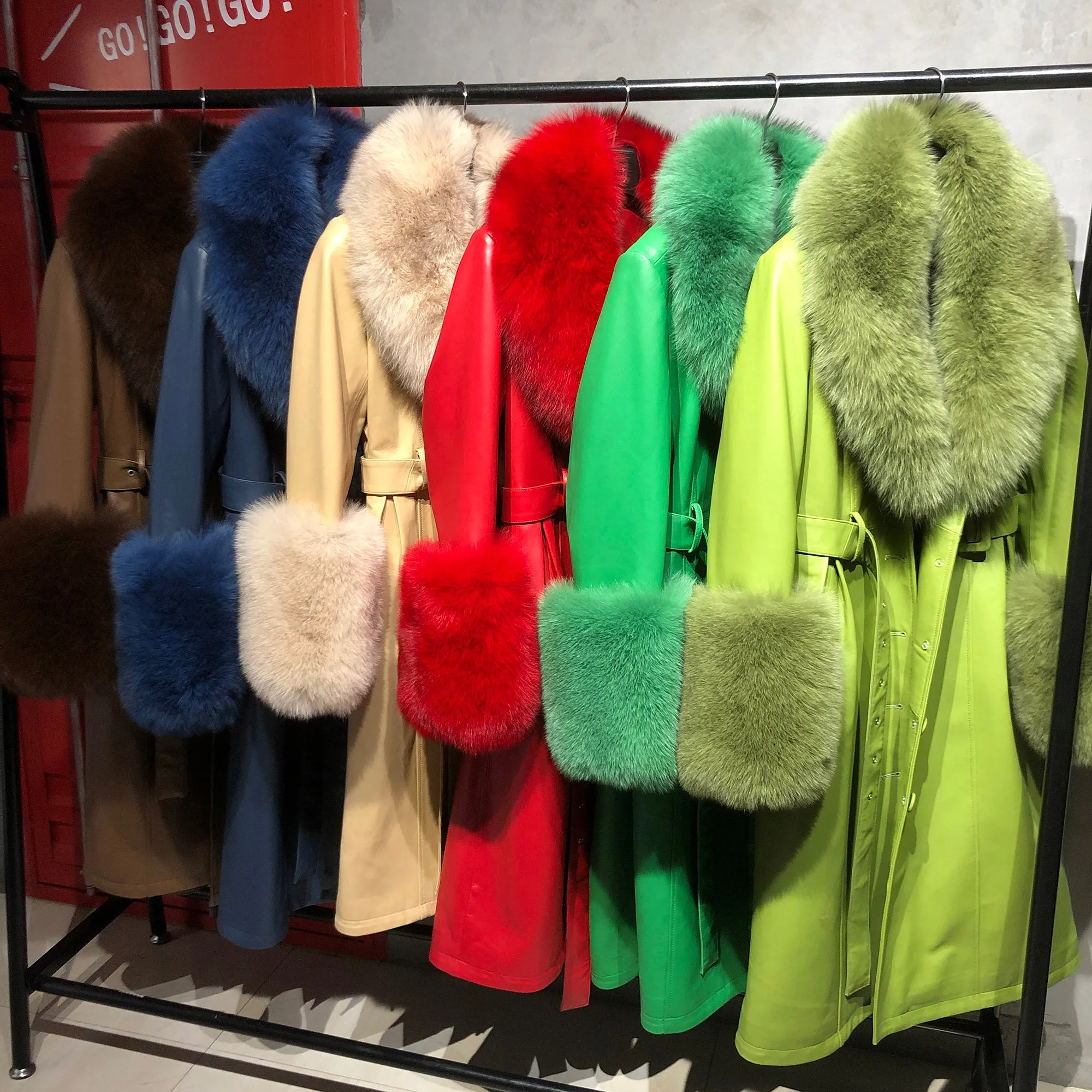 Plus Size  Real Fox Fur Collar Genuine Leather Trench Coat