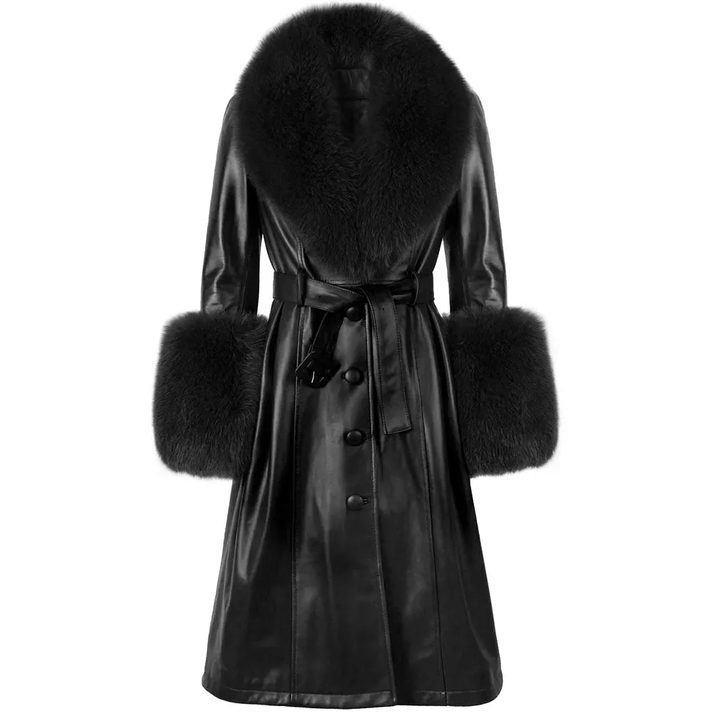 Plus Size  Real Fox Fur Collar Genuine Leather Trench Coat