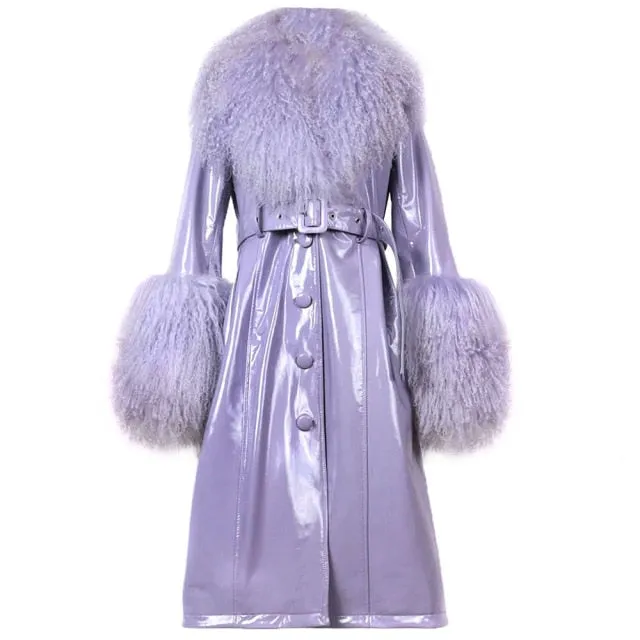 Plus Size  Real Fox Fur Collar Genuine Leather Trench Coat