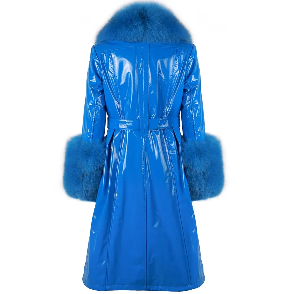 Plus Size  Real Fox Fur Collar Genuine Leather Trench Coat