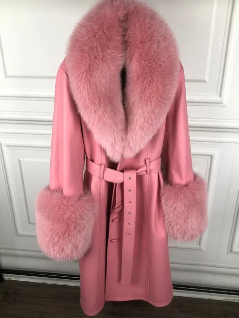 Plus Size  Real Fox Fur Collar Genuine Leather Trench Coat