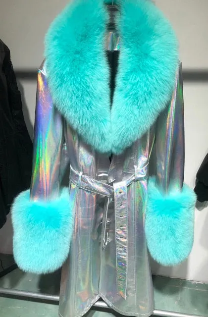 Plus Size  Real Fox Fur Collar Genuine Leather Trench Coat