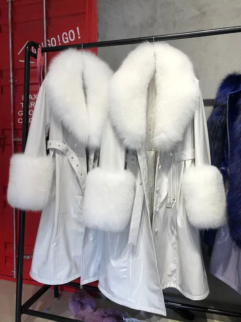 Plus Size  Real Fox Fur Collar Genuine Leather Trench Coat