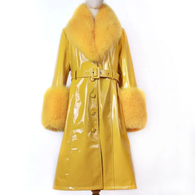 Plus Size  Real Fox Fur Collar Genuine Leather Trench Coat