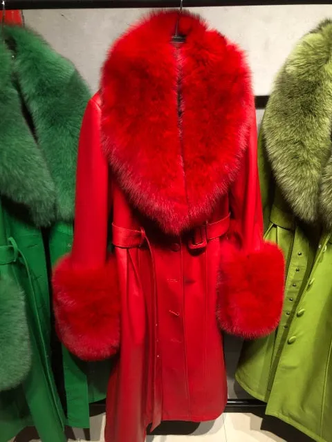 Plus Size  Real Fox Fur Collar Genuine Leather Trench Coat