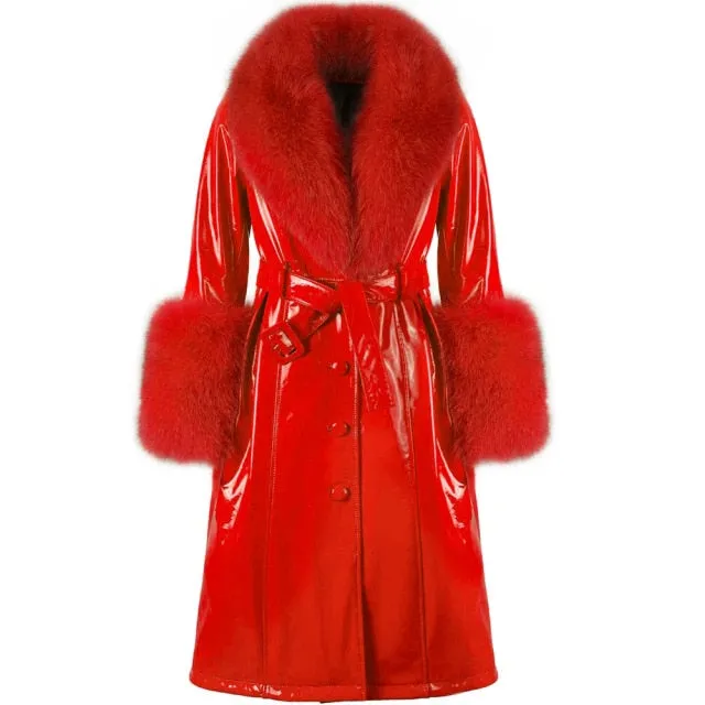 Plus Size  Real Fox Fur Collar Genuine Leather Trench Coat