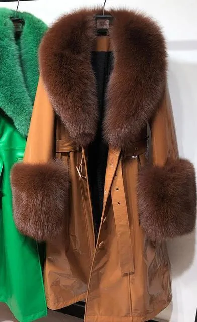 Plus Size  Real Fox Fur Collar Genuine Leather Trench Coat