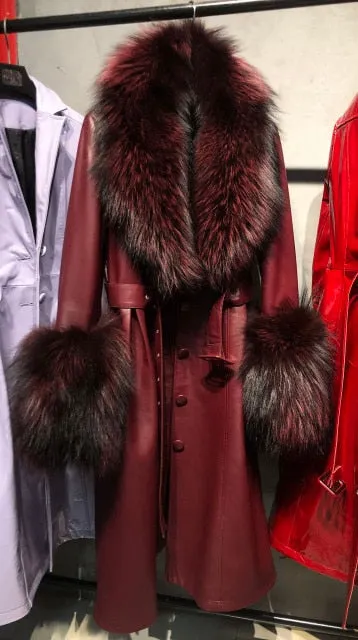 Plus Size  Real Fox Fur Collar Genuine Leather Trench Coat