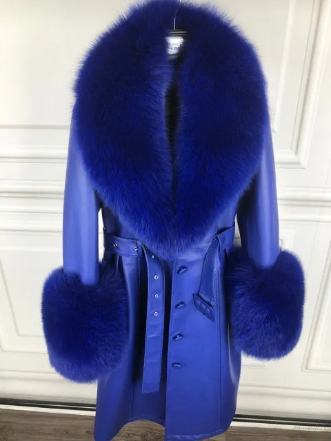Plus Size  Real Fox Fur Collar Genuine Leather Trench Coat