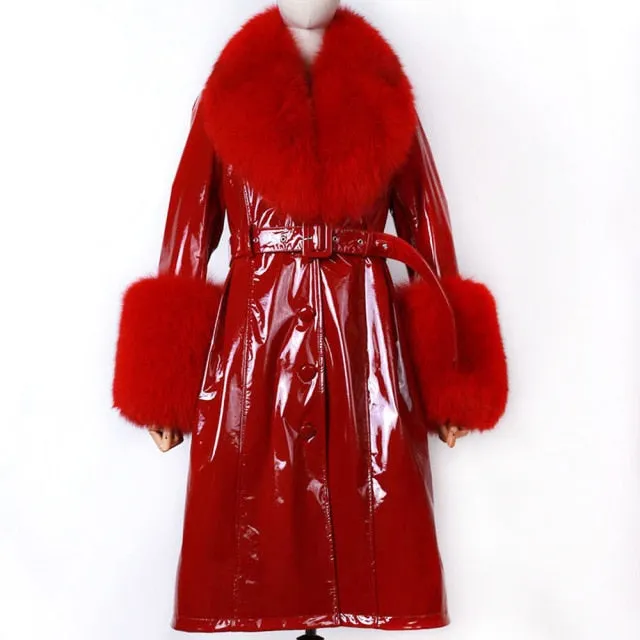 Plus Size  Real Fox Fur Collar Genuine Leather Trench Coat
