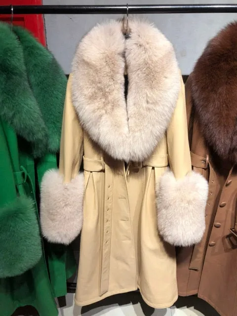 Plus Size  Real Fox Fur Collar Genuine Leather Trench Coat