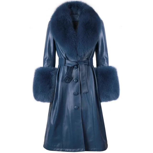 Plus Size  Real Fox Fur Collar Genuine Leather Trench Coat