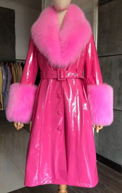 Plus Size  Real Fox Fur Collar Genuine Leather Trench Coat