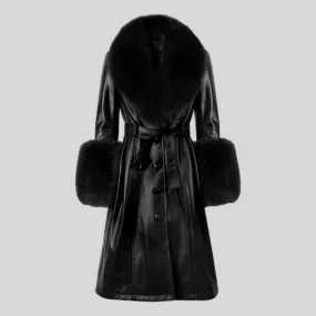 Plus Size  Real Fox Fur Collar Genuine Leather Trench Coat
