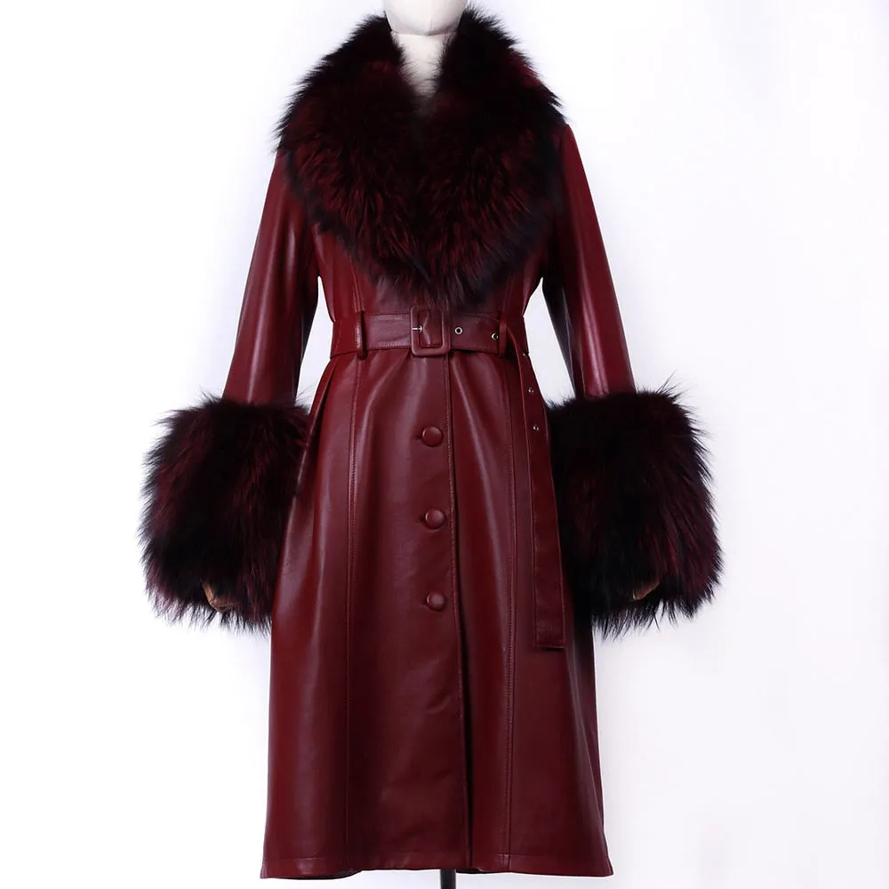 Plus Size  Real Fox Fur Collar Genuine Leather Trench Coat