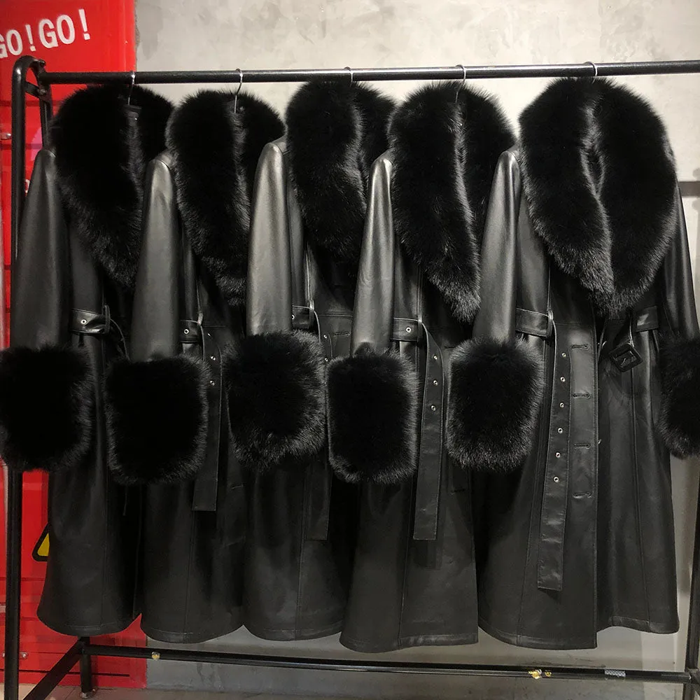 Plus Size  Real Fox Fur Collar Genuine Leather Trench Coat