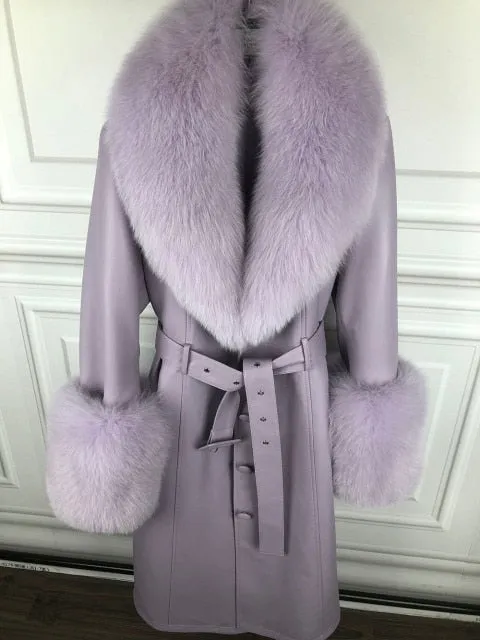 Plus Size  Real Fox Fur Collar Genuine Leather Trench Coat