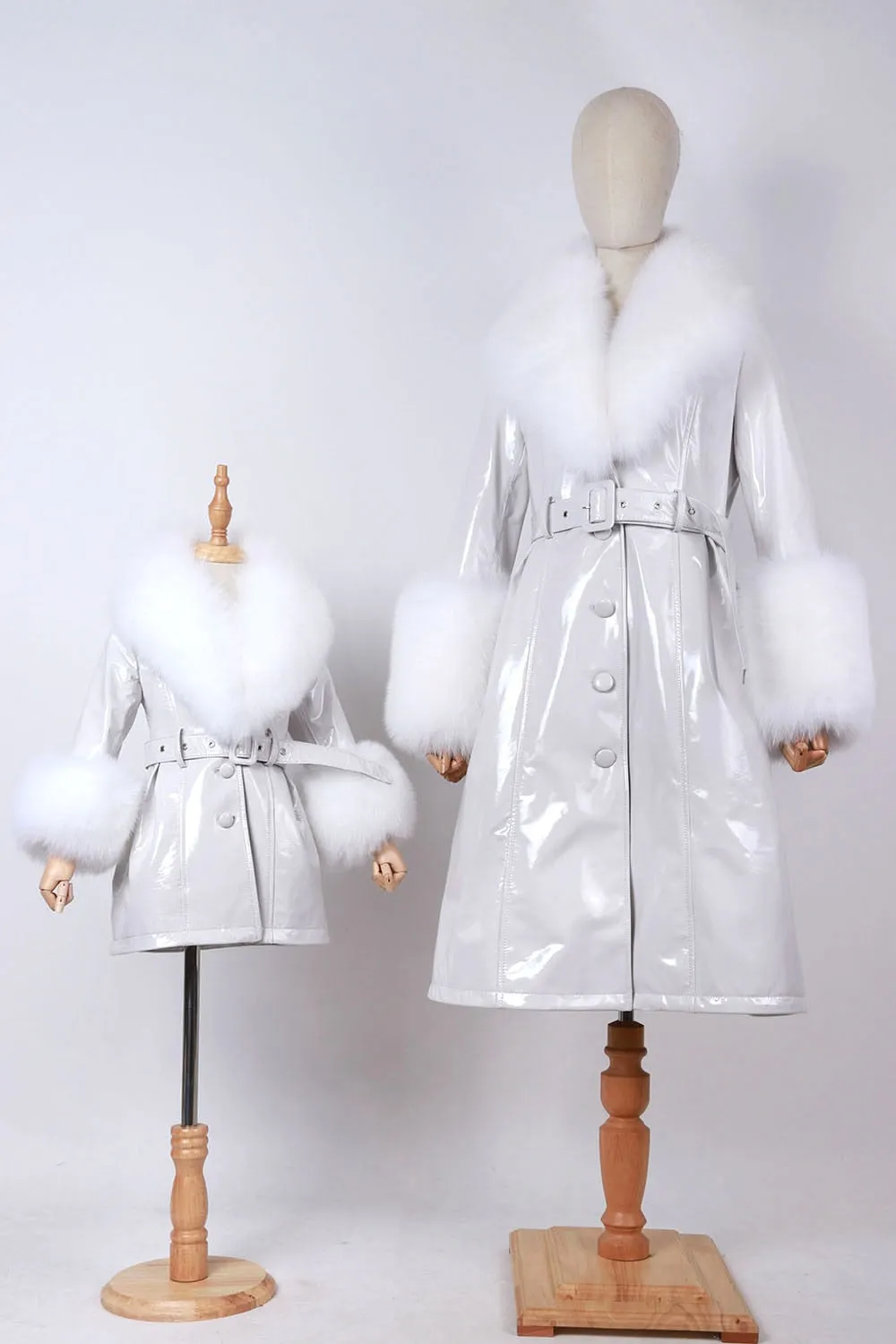 Plus Size  Real Fox Fur Collar Genuine Leather Trench Coat