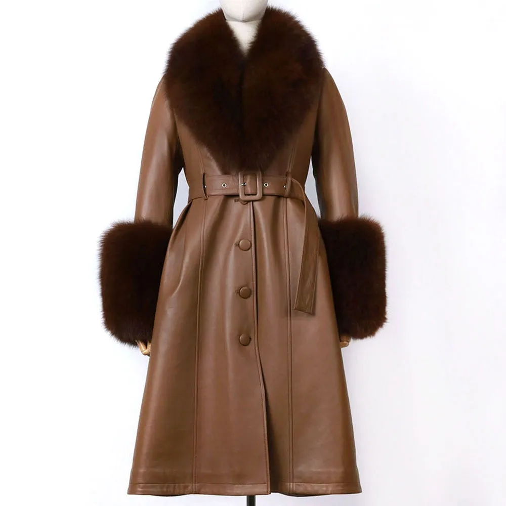 Plus Size  Real Fox Fur Collar Genuine Leather Trench Coat