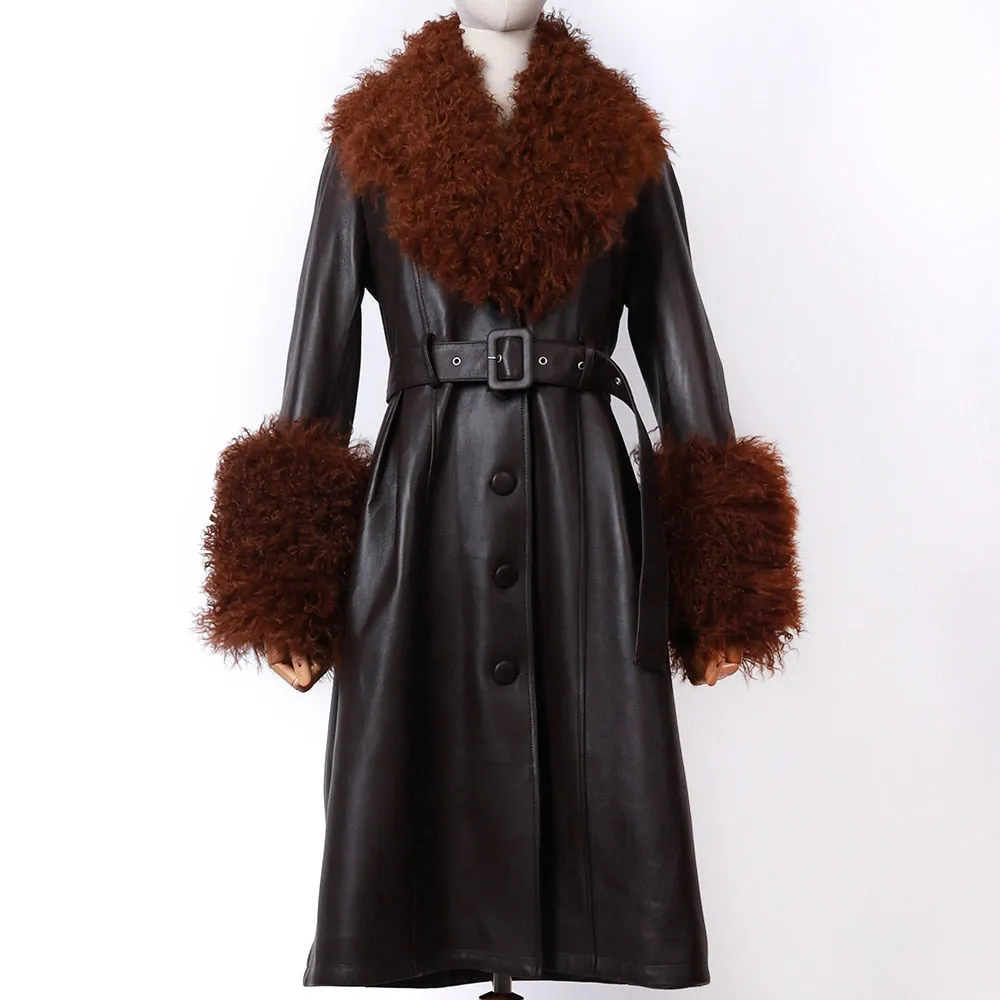 Plus Size  Real Fox Fur Collar Genuine Leather Trench Coat