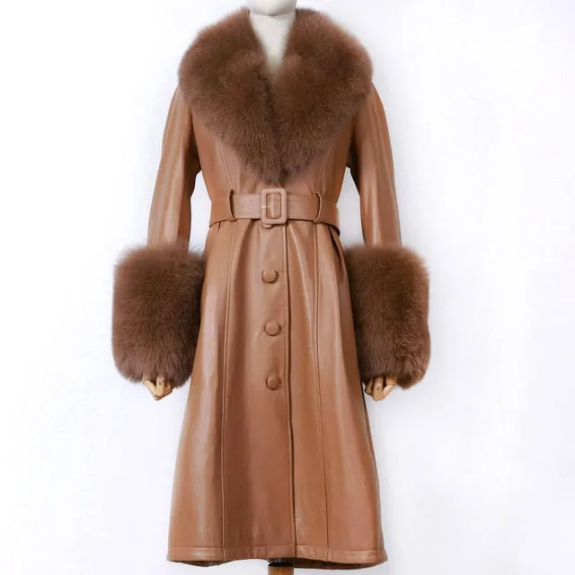 Plus Size  Real Fox Fur Collar Genuine Leather Trench Coat