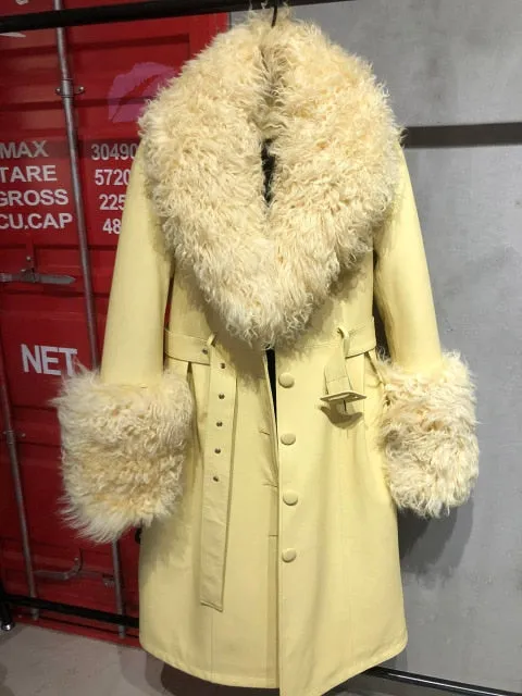 Plus Size  Real Fox Fur Collar Genuine Leather Trench Coat