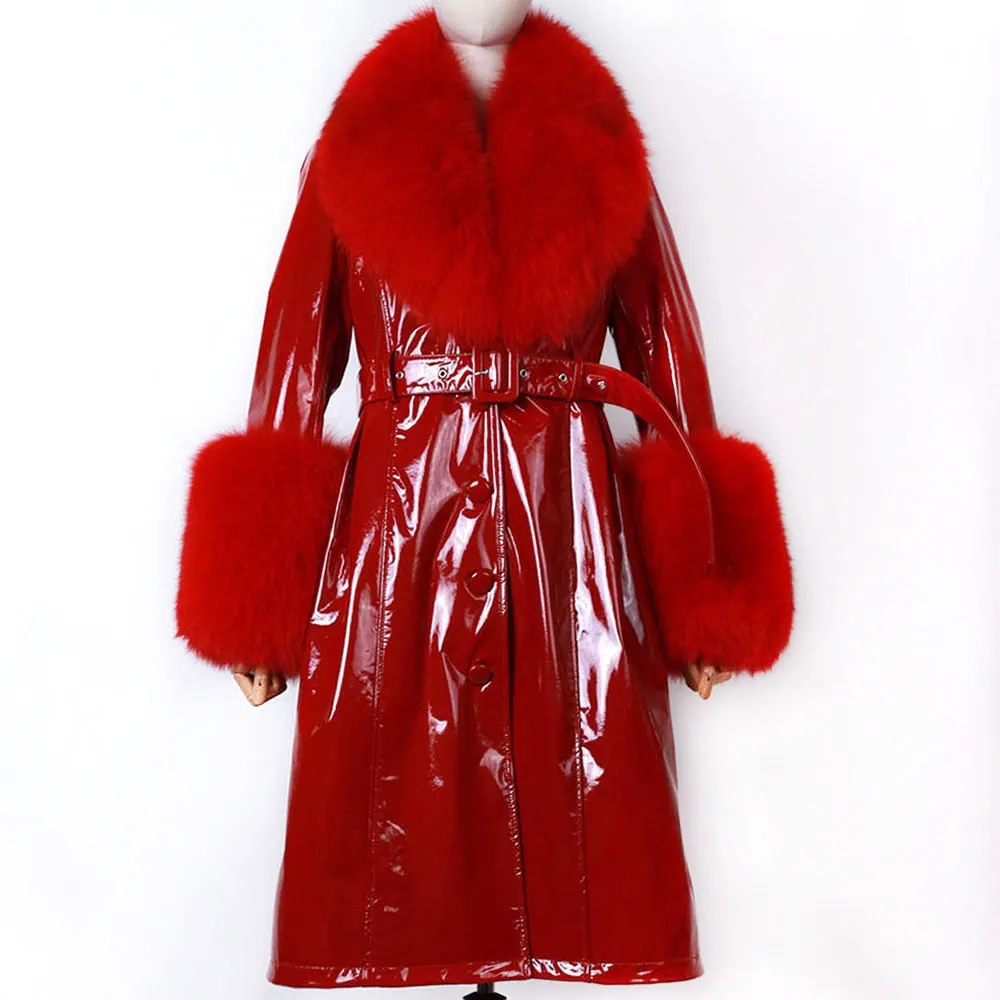 Plus Size  Real Fox Fur Collar Genuine Leather Trench Coat