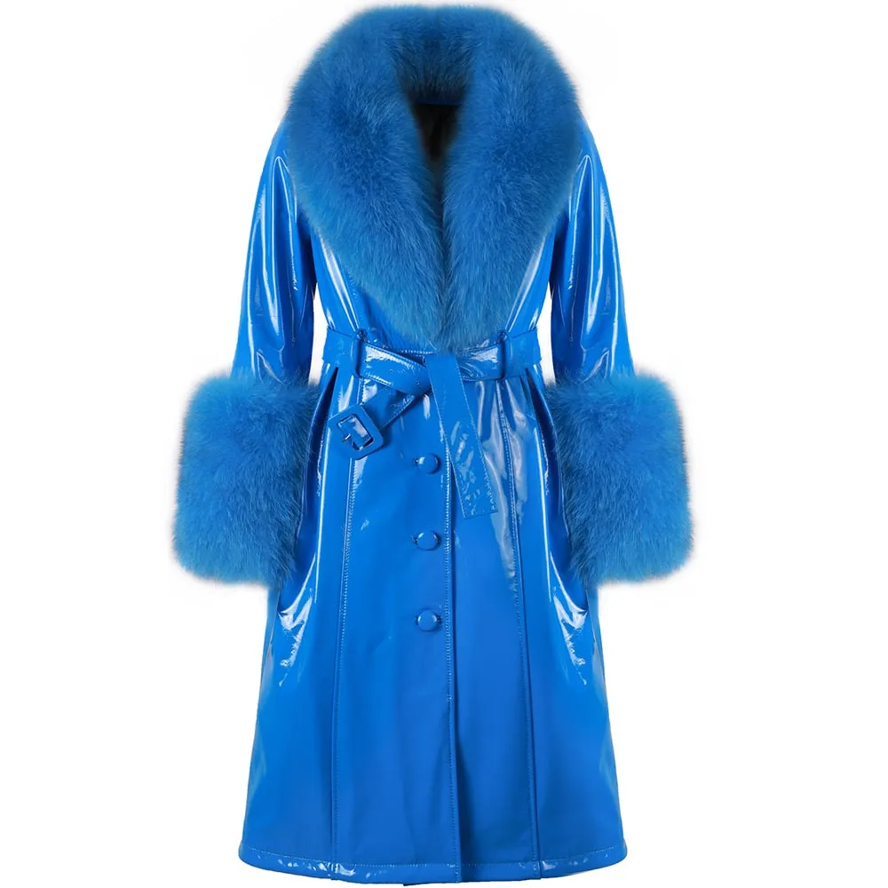 Plus Size  Real Fox Fur Collar Genuine Leather Trench Coat