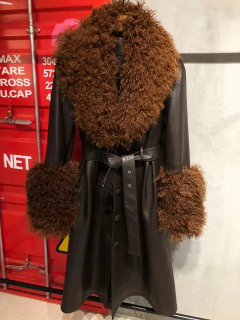 Plus Size  Real Fox Fur Collar Genuine Leather Trench Coat