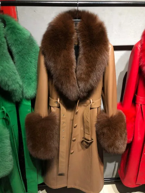 Plus Size  Real Fox Fur Collar Genuine Leather Trench Coat