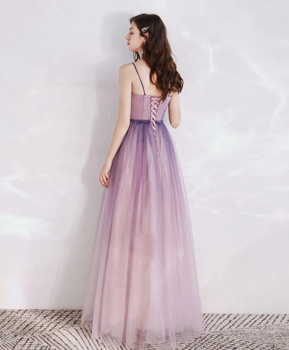Purple Aline Tulle Long Prom Dress, Tulle Long Purple Evening Dress