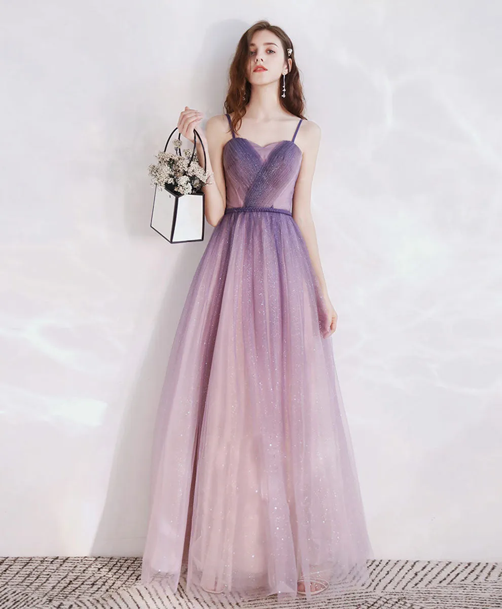 Purple Aline Tulle Long Prom Dress, Tulle Long Purple Evening Dress
