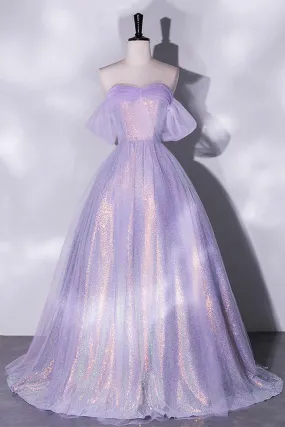 Purple Sequins Long A-Line Prom Dress, Off the Shoulder Evening Party Dress