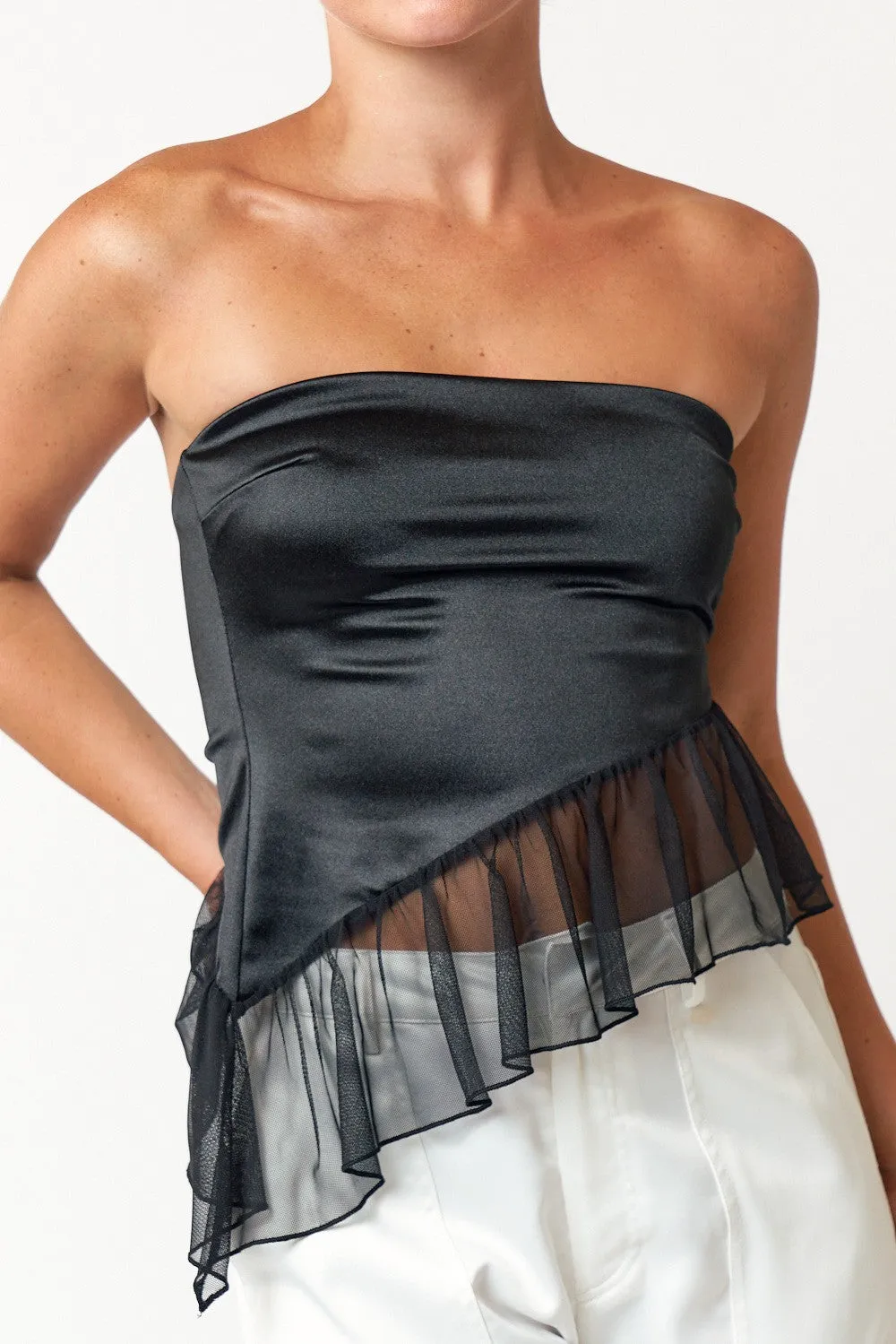 "Breakfast In Paris" Black Satin Tube Top w/ Contrast Ruffle Trim